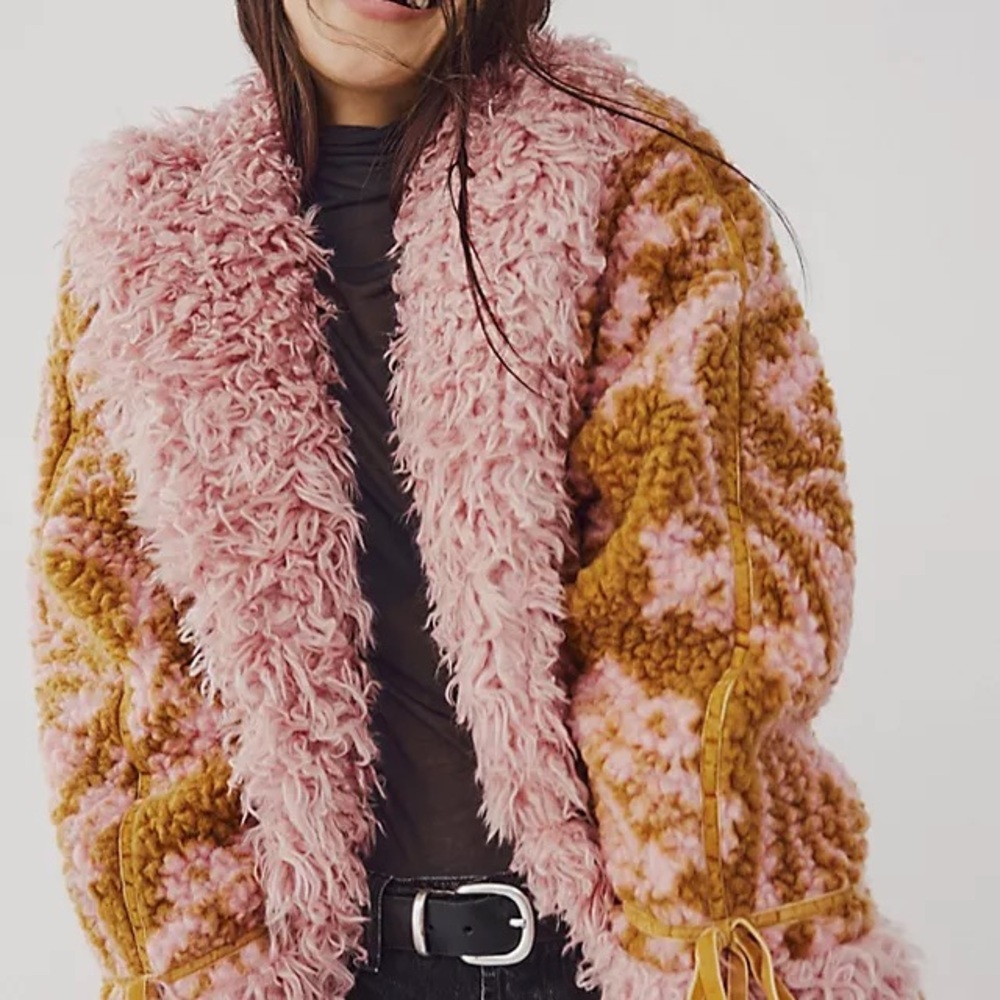 Free People Pink and Brown Faux Fur Coat - NWT - Picture 3 of 5